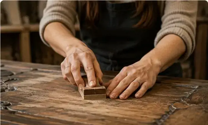 Holzrestaurierung – Retusche einer antiken Schnitzerei im Atelier luxconservatio